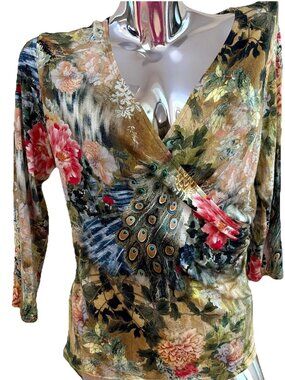 Peck & Peck Faux Wrap Surplice Top Women's Size M Colorful Peacock Longline Y2K